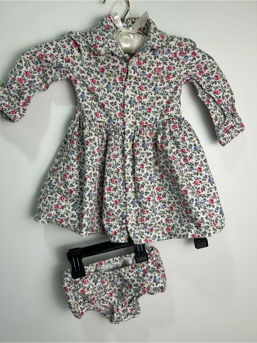 2 Piece Ralph Lauren White Floral Button-Front Dress & Bloomers - 12 Months